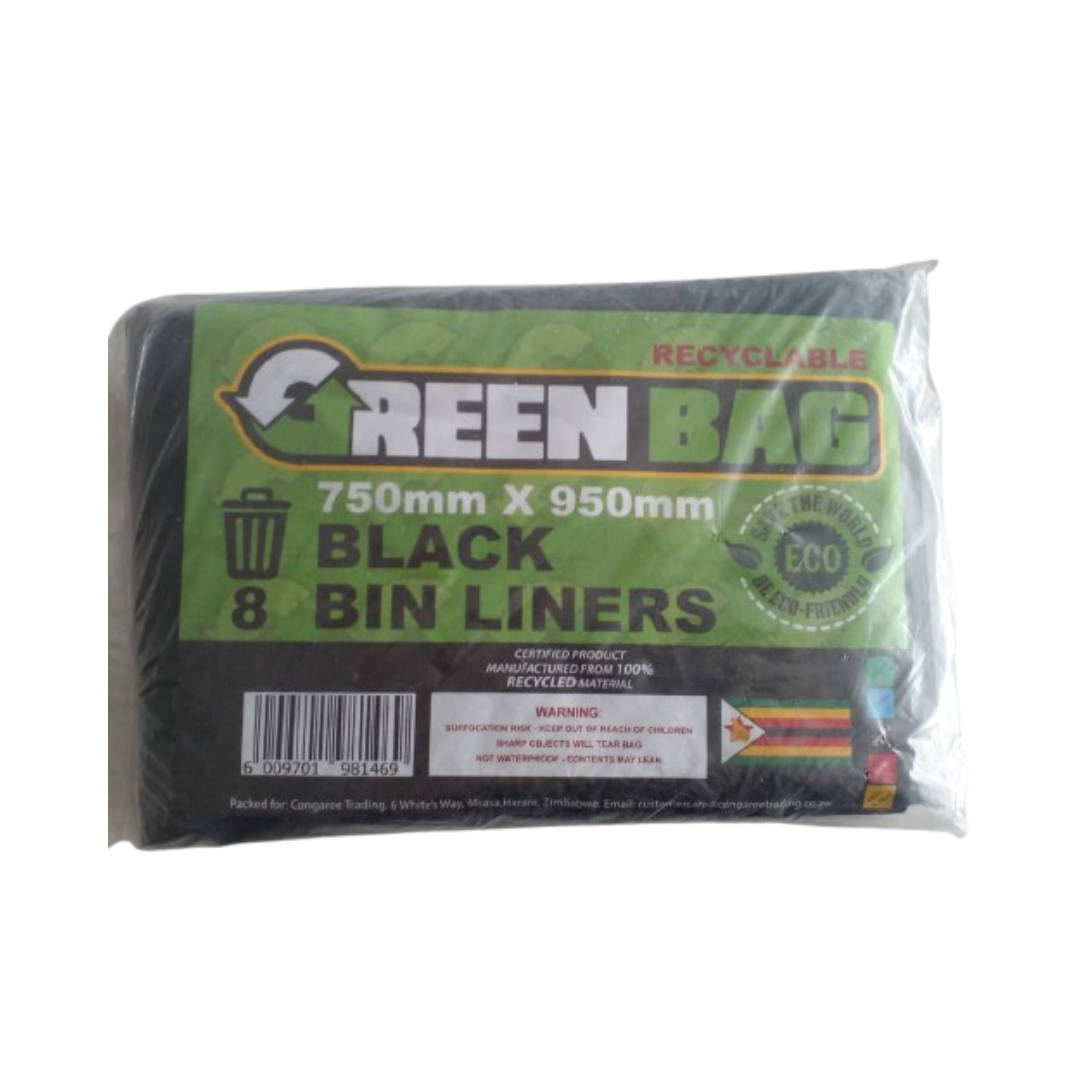 Green Bag 750 mm x 950 mm Black Bin Liners Recyclable 8s